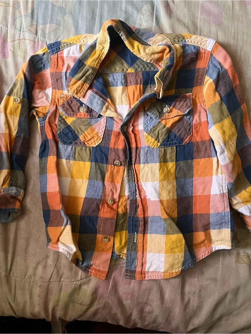 Old Navy Boys Orange Yellow Blue Plaid Button-Down Shirt
